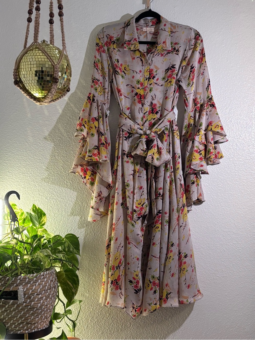 Floral Tie-Waist Ruffle Sleeve Midi Dress — Beige with Pink & Yellow Accent